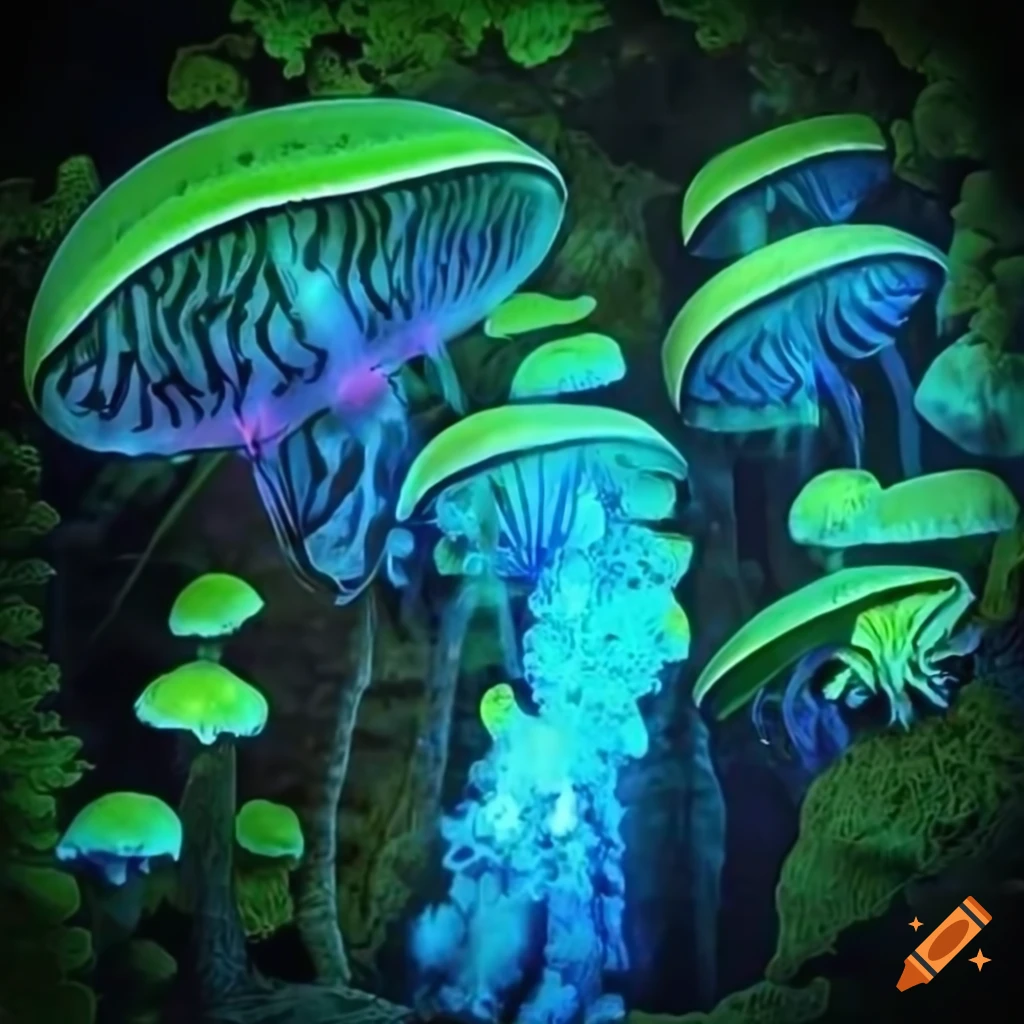 Neon rainforest with vibrant lights and animated plant life on Craiyon