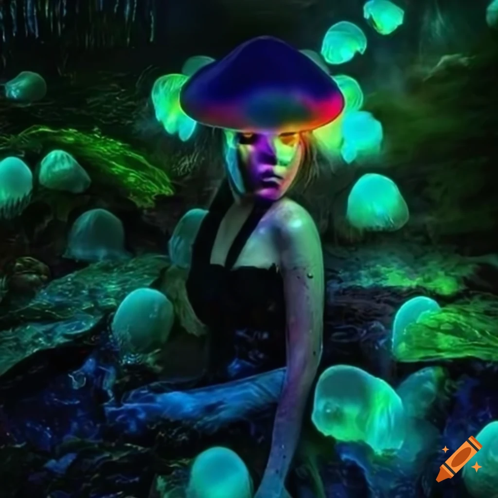 Vibrant fantasy forest with glowing fungus and neon rainforest on Craiyon