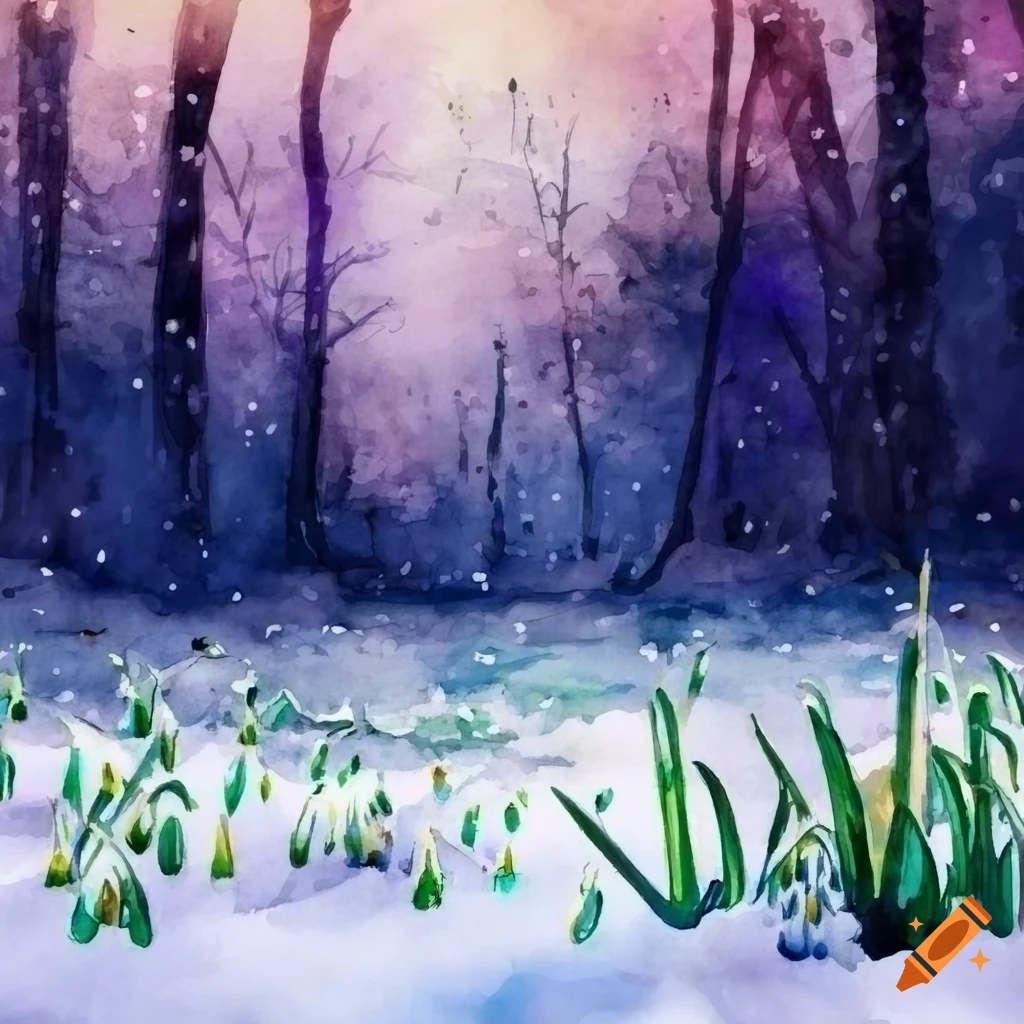 Snowy meadow with blooming snowdrops and dark forest in watercolor on ...