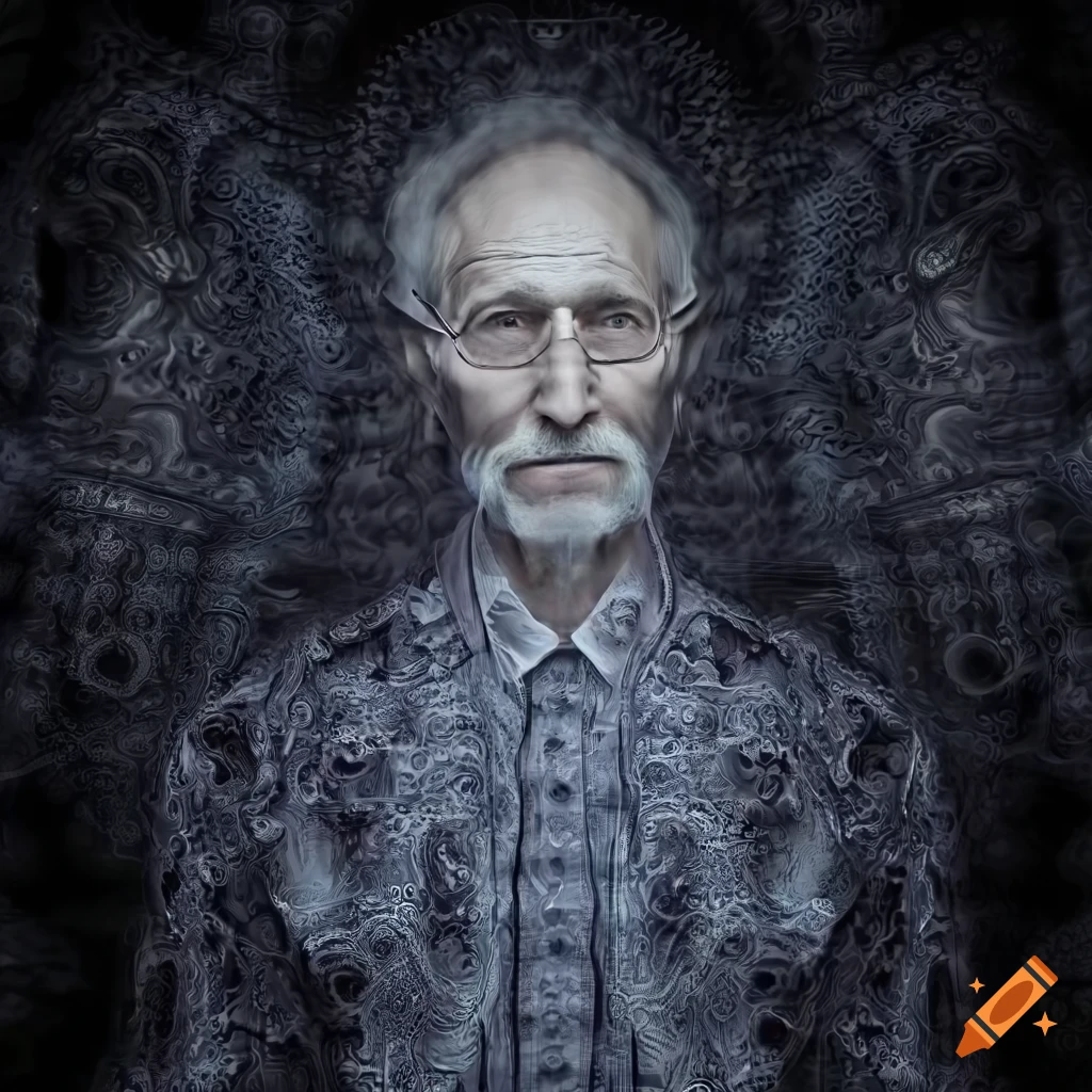 Elderly man in fashionable transparent fractal dress shirt
