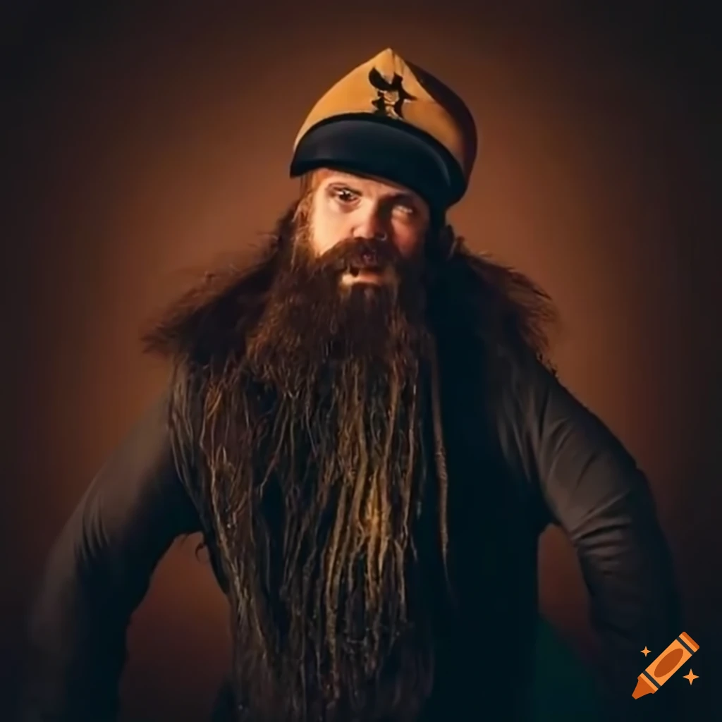 Man with long beard and captain's hat performing headstand on motorcycle