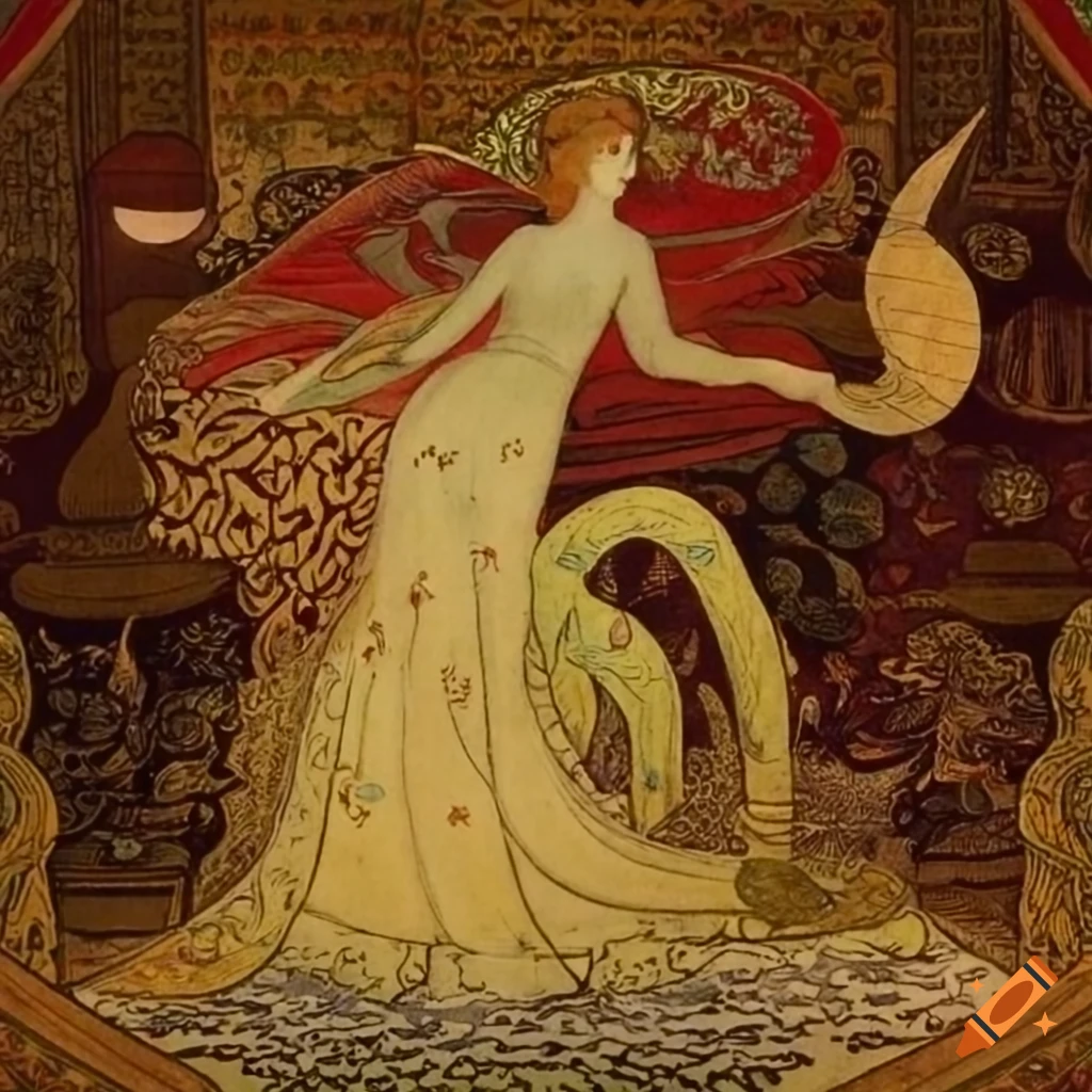 Artistic painting inspired by Eugène Grasset, Walter Crane, Edmund Dulac, and Diego Rivera depicting a scene from "The Arabian Nights" with Islamic Calligraphy