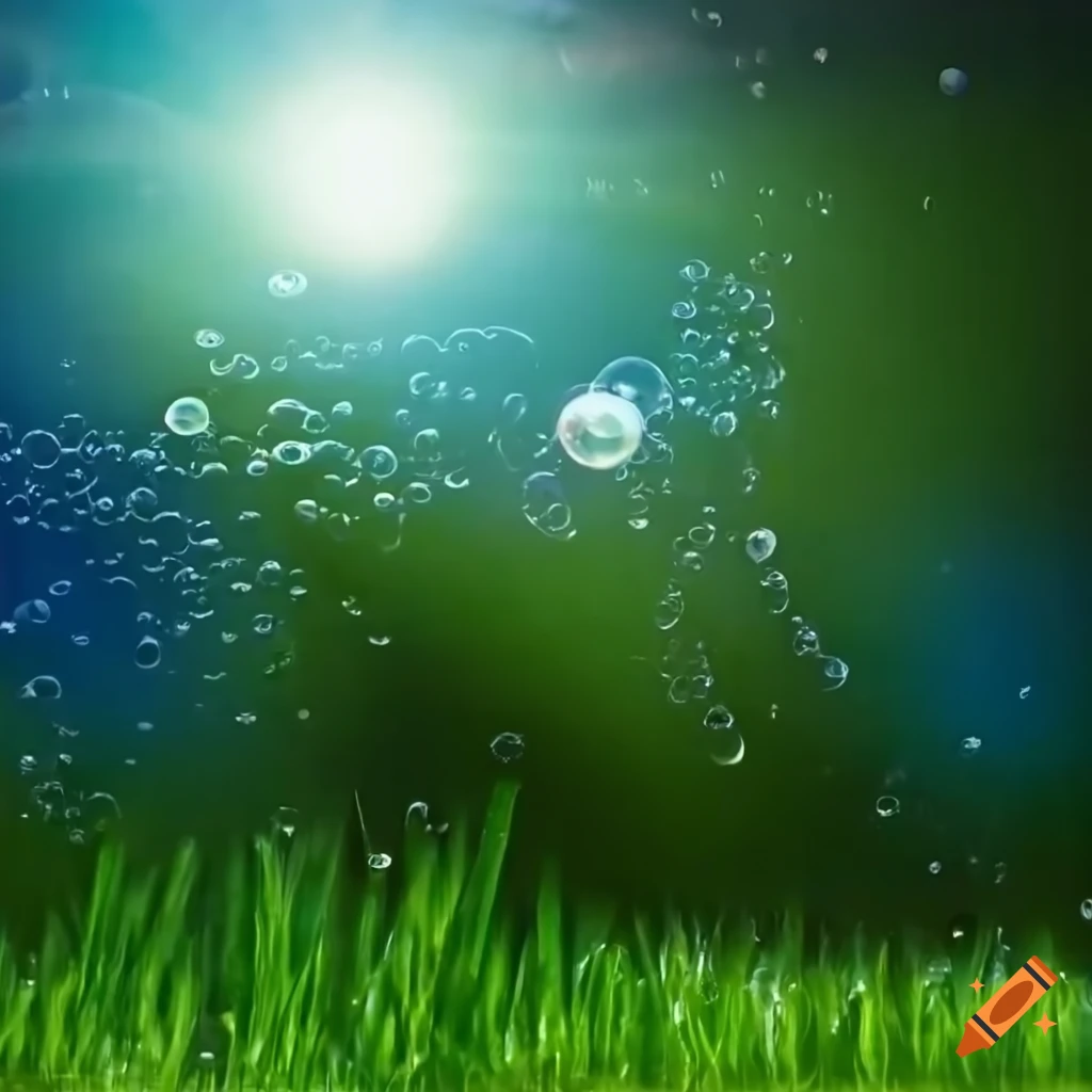 city-with-bubbles-and-fish-flying-green-grass-shining-sun-in-frutiger