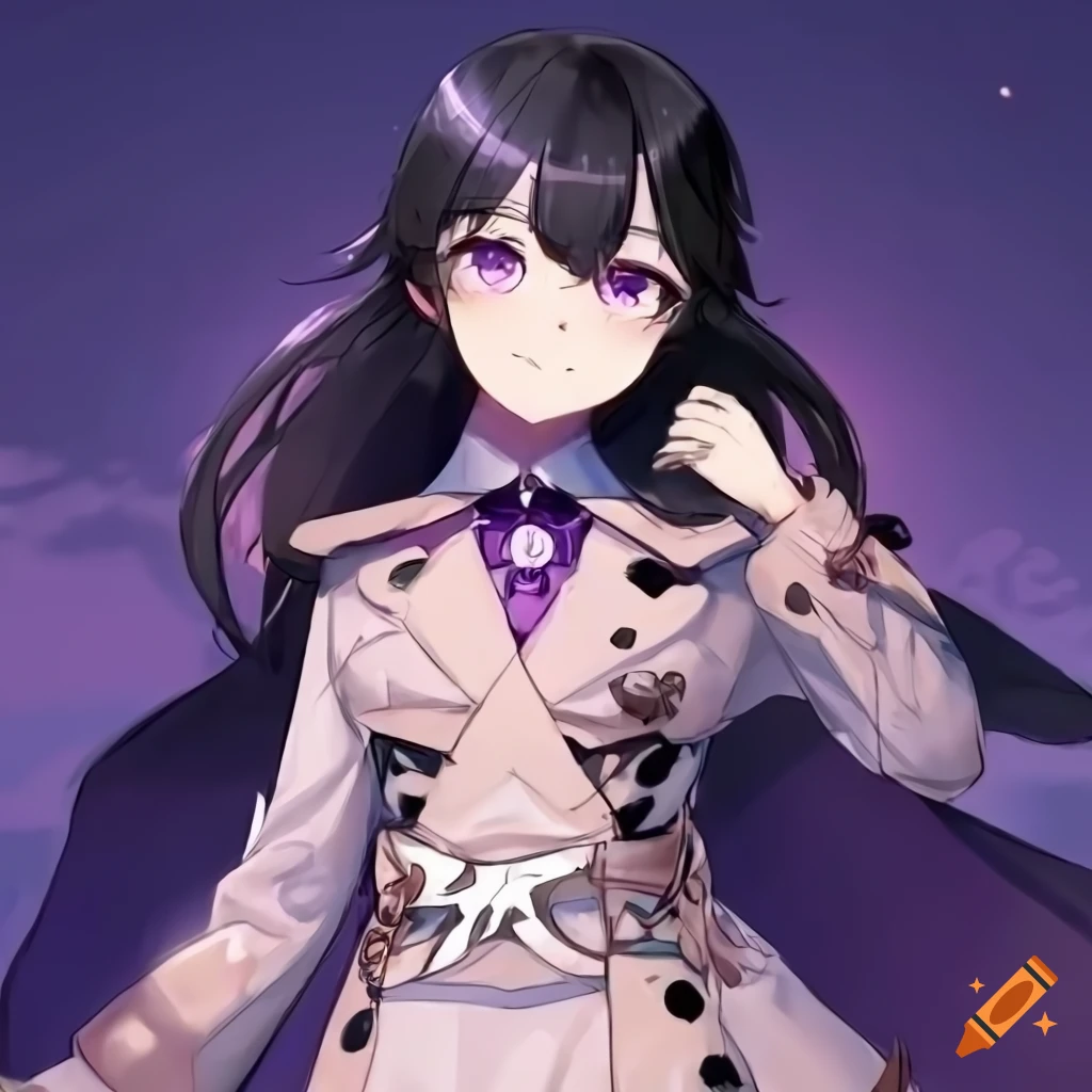 Cheery anime girl with black hair, purple eyes, and trench coat in Genshin Impact