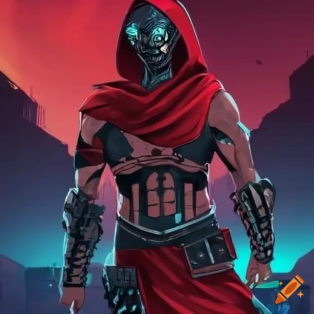 Cyberpunk gladiator with red cape in highly detailed cartoon art