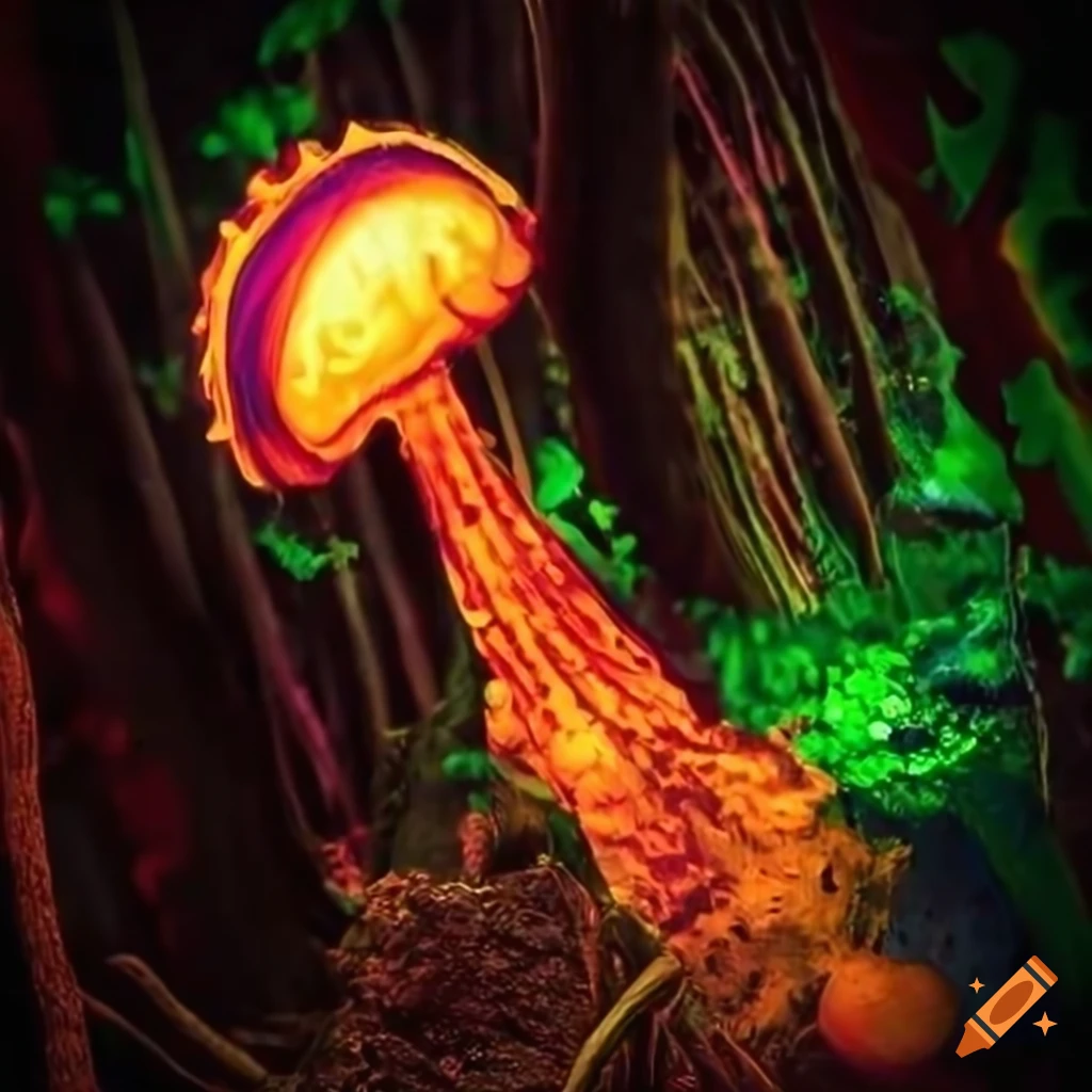 Vibrant fantasy forest with glowing fungus and neon rainforest on Craiyon