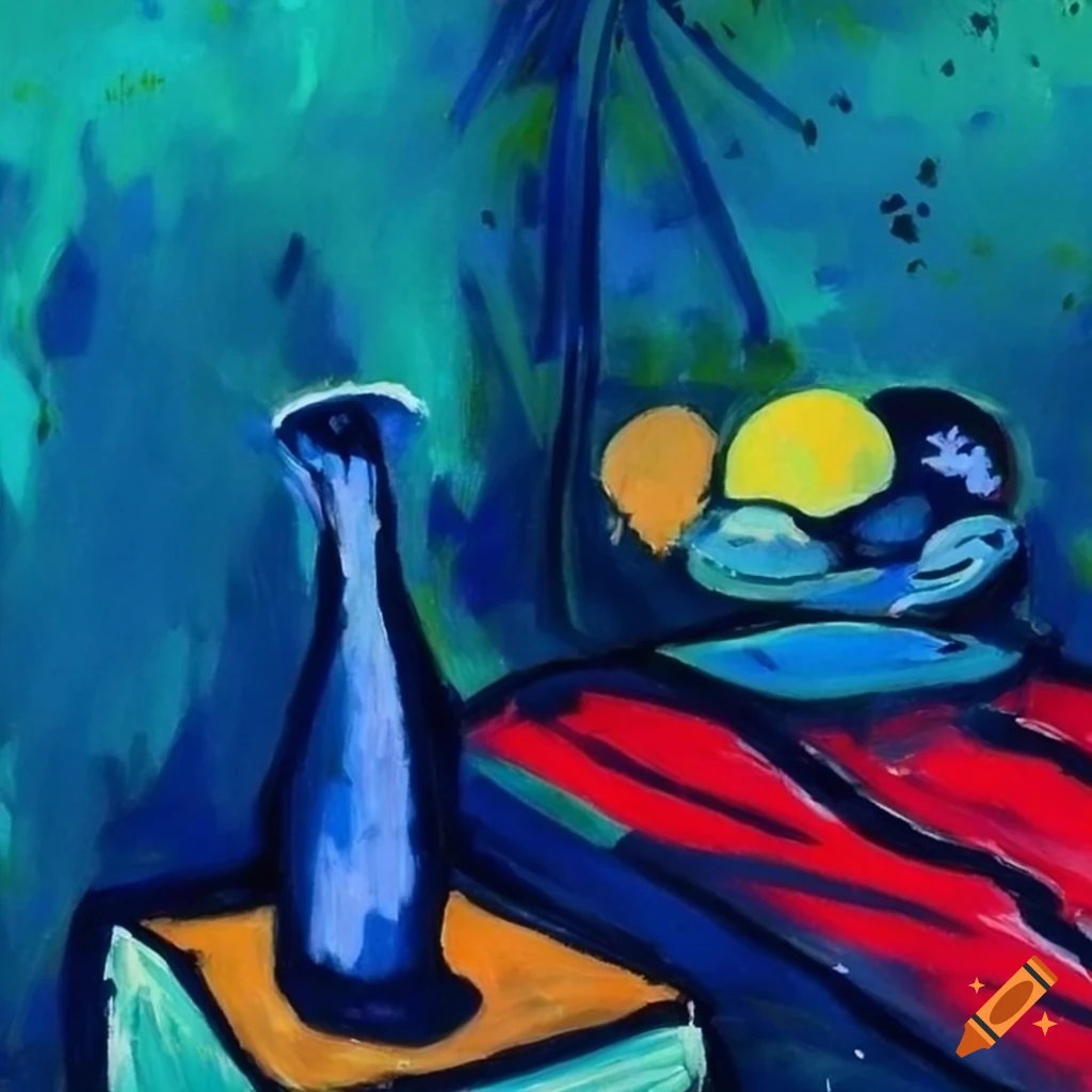 Fauvism style still life painting of a Northern Vietnamese rural house bedroom at midnight