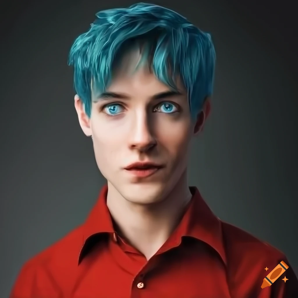 Man with blue eyes and blue hair using waterpowers in a red shirt