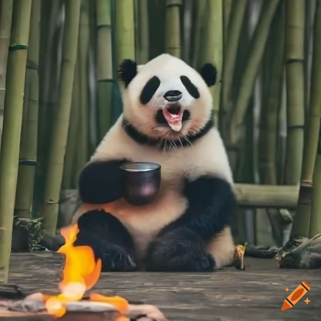 Smiling panda drinking hot green tea in a bamboo forest at night on Craiyon