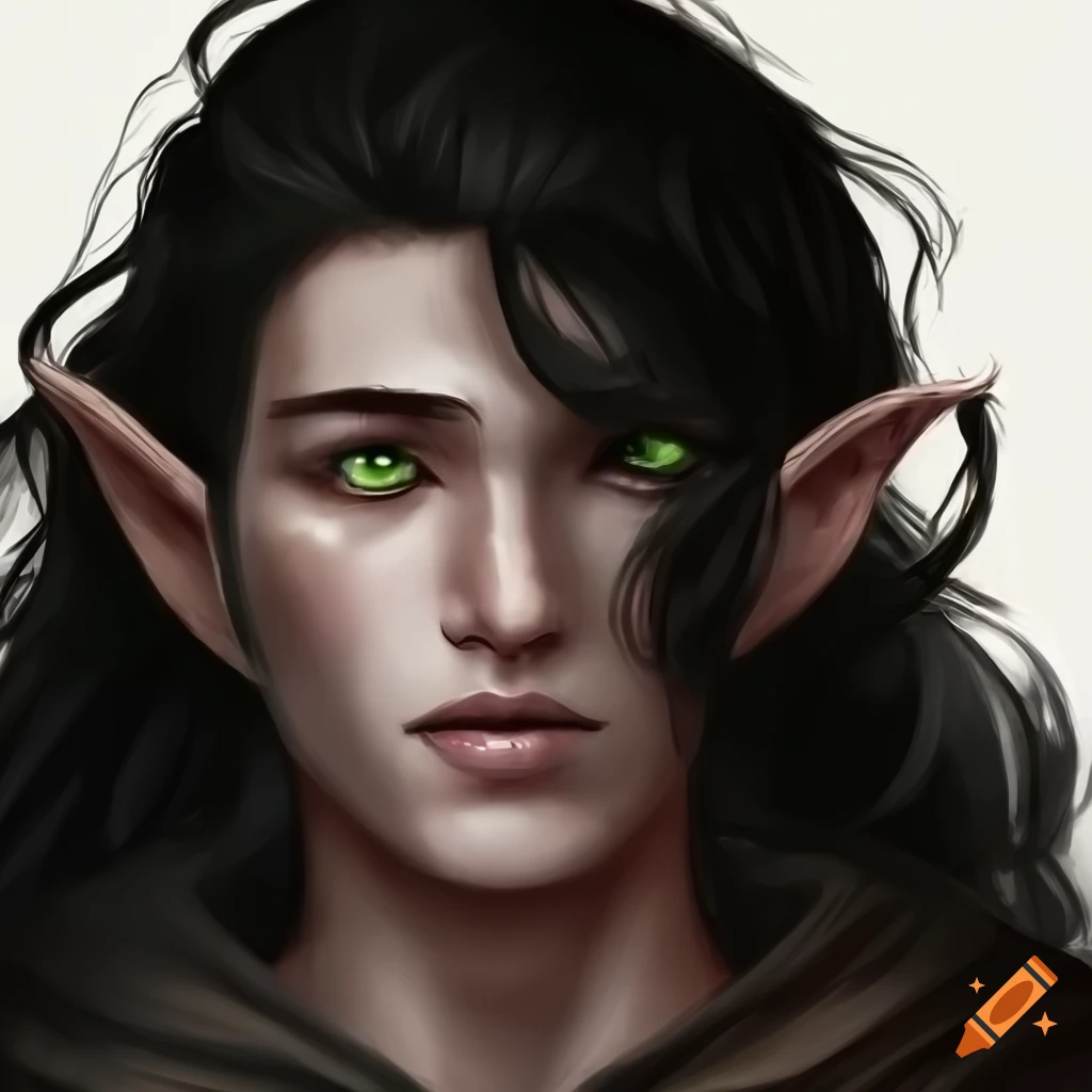 Beautiful half elf male with grey skin and green eyes on Craiyon