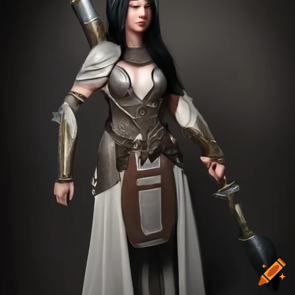 Fantasy woman cleric with black hair, mace, and shield on Craiyon