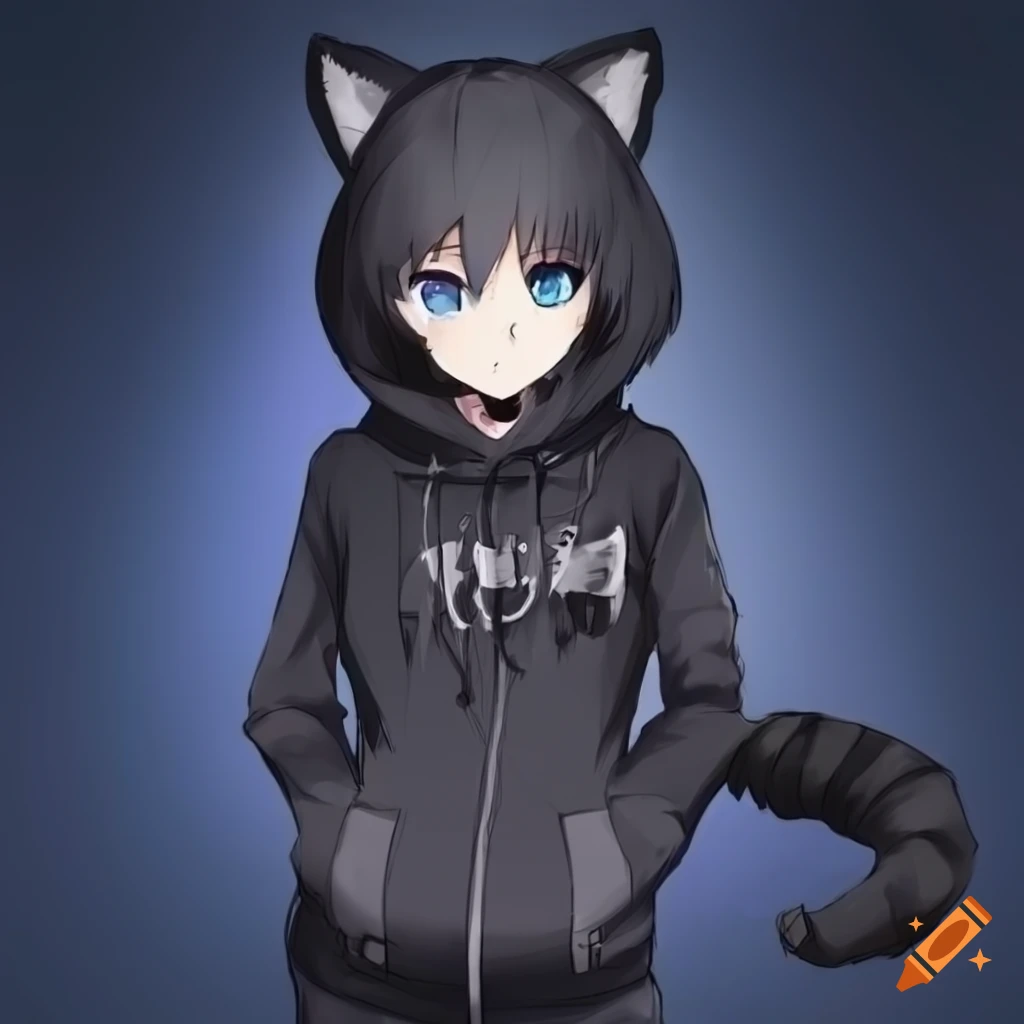 Androgynous anime raccoon character in a zip-up hoody and metal band shirt