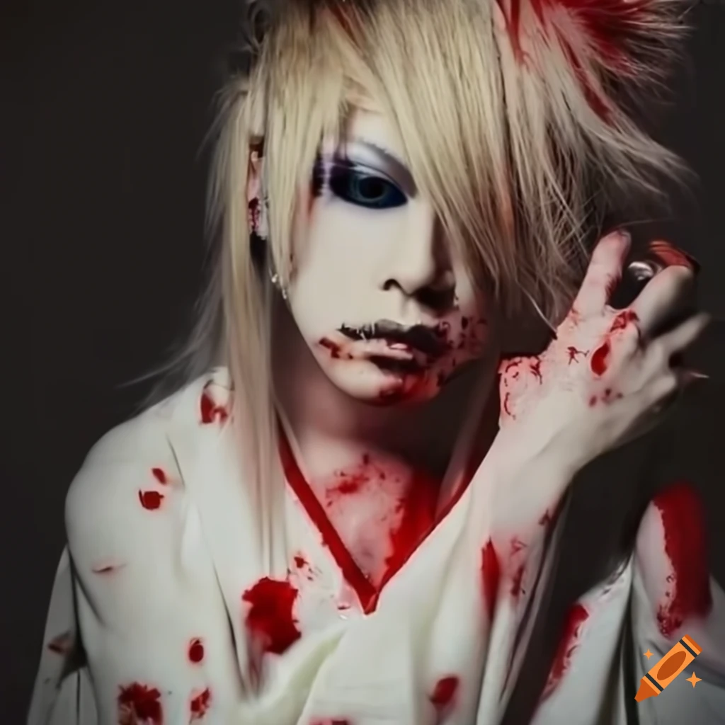 Japanese visual kei singer in a white kimono with long blonde hair in a dramatic setting