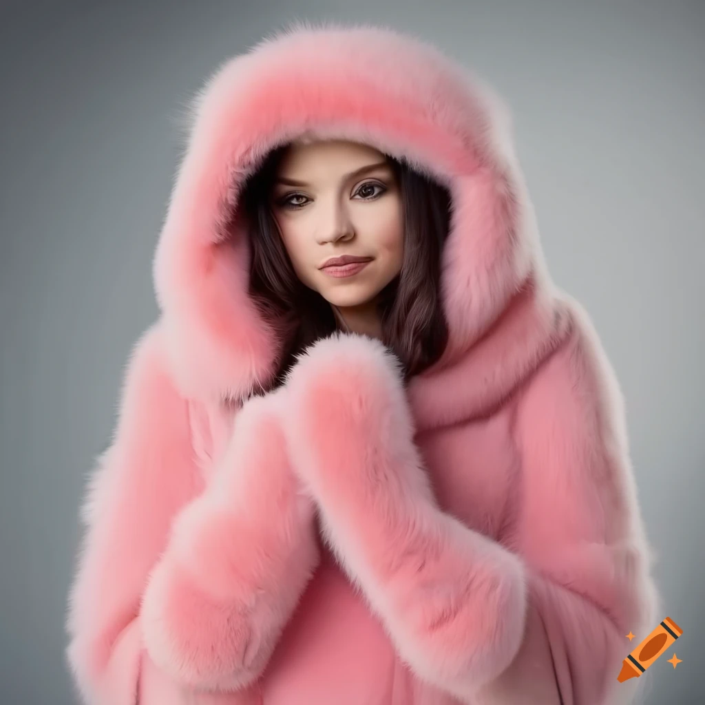 Young woman in a fluffy pink fur dress with hood and mittens on Craiyon