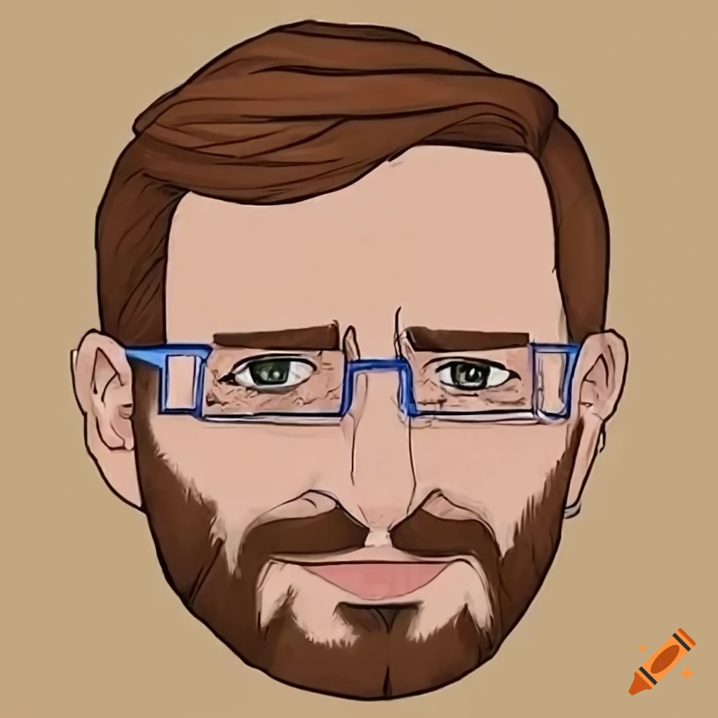 Portrait of a man with auburn hair, hazel eyes, and glasses