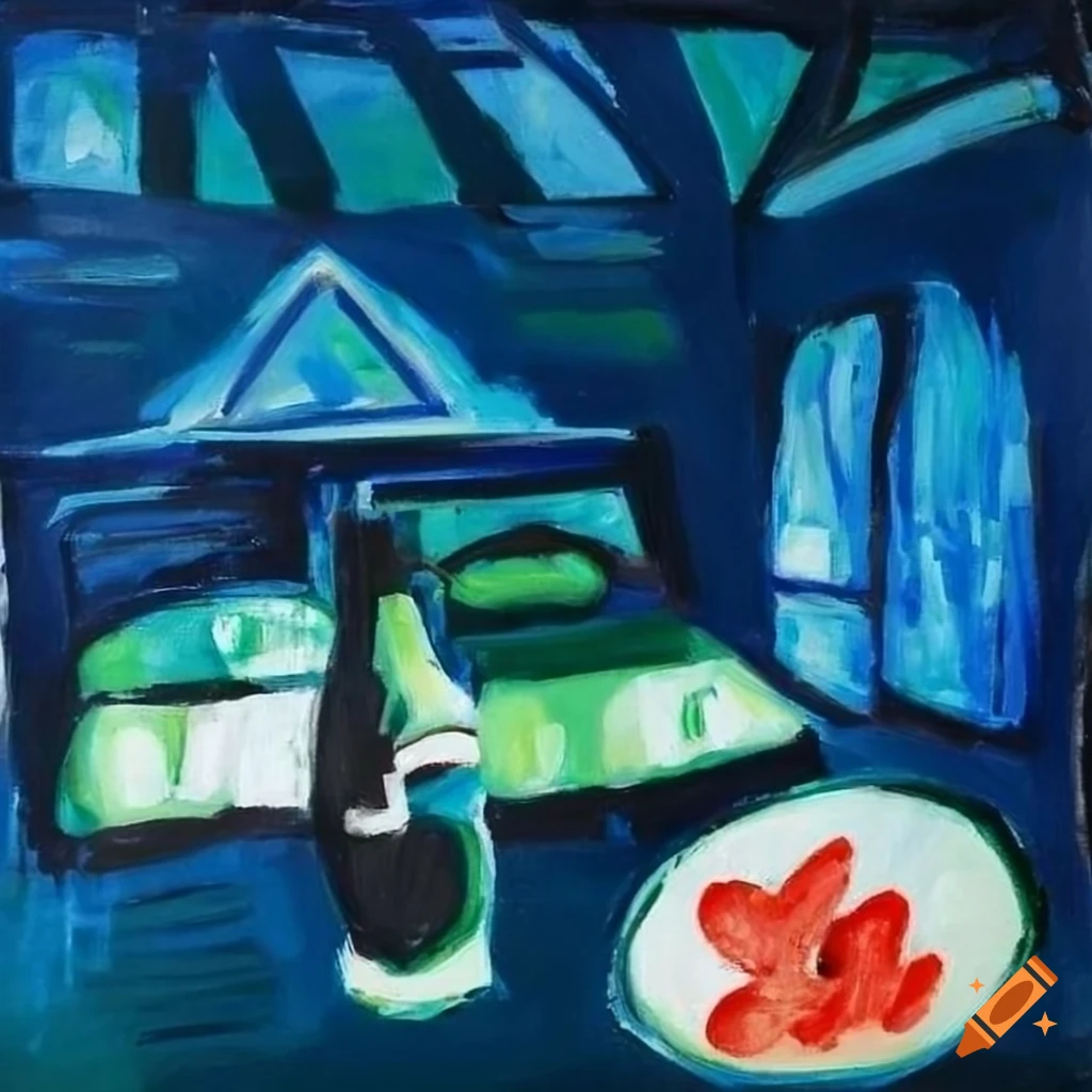 Fauvism style still life painting of a Northern Vietnamese rural house bedroom at midnight