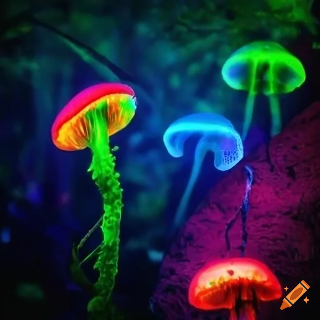 Enchanting forest with vibrant lights and animated plant life on Craiyon