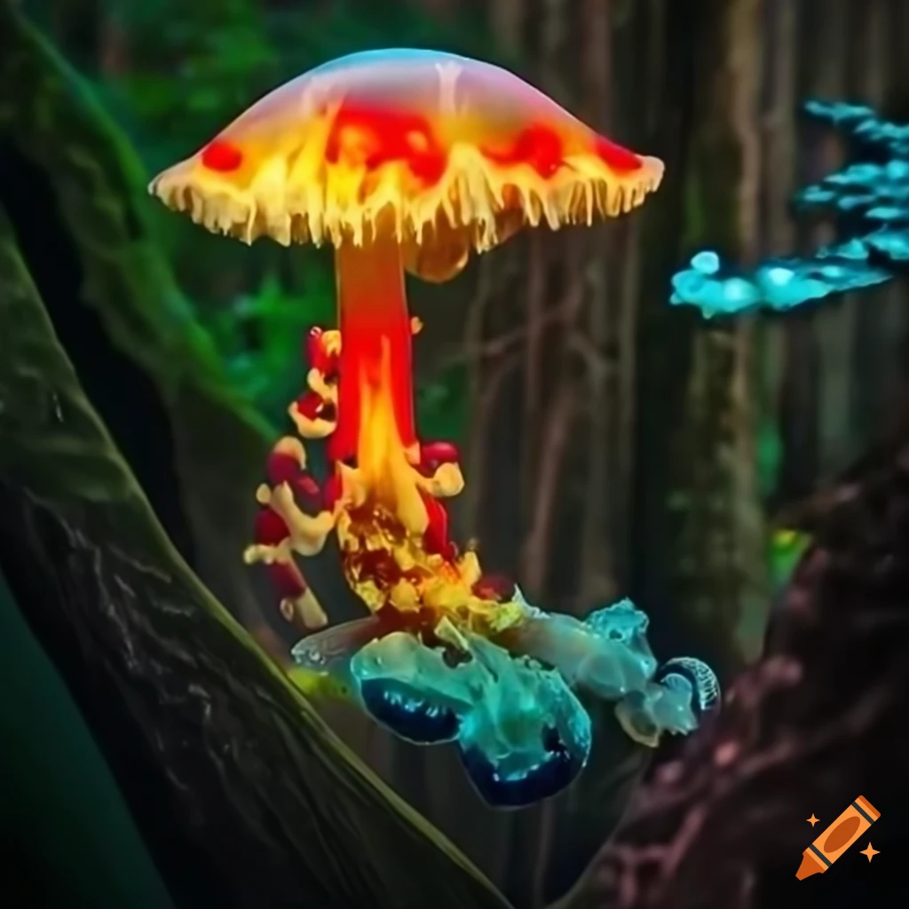 Vibrant fantasy forest with glowing plants and animated life on Craiyon