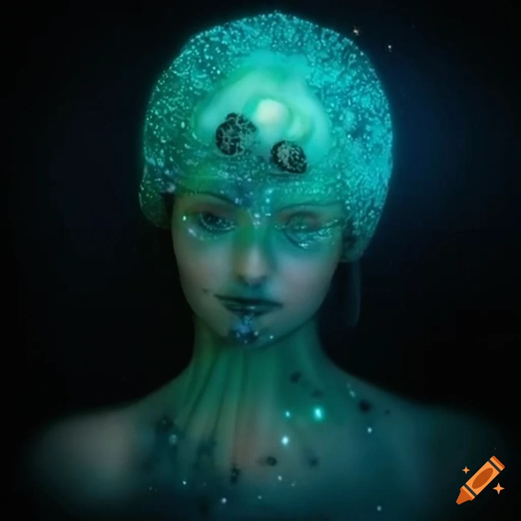 Jellyfish-made mushrooms and crystals, green hair, goddess(a woman who ...