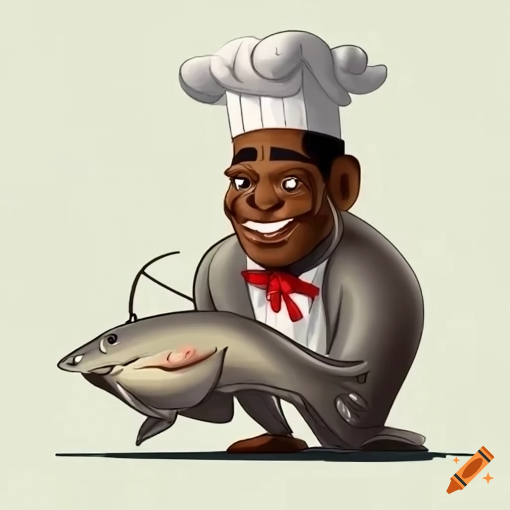 Two cartoon chefs holding catfishes