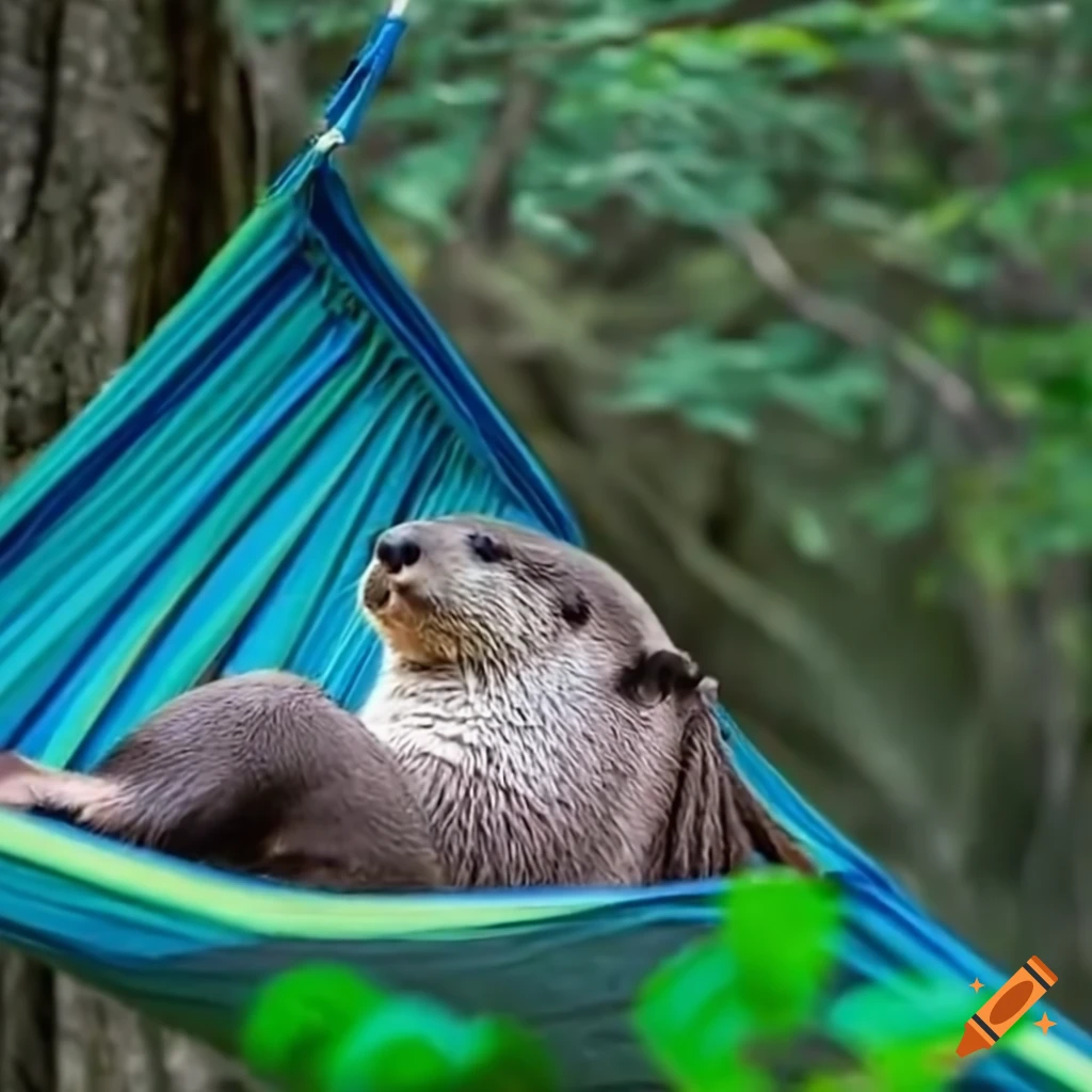 Sleeping otter in a hammock in front of a tree