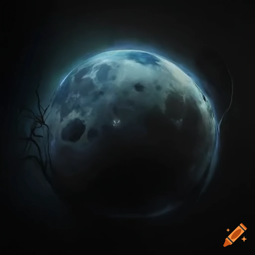 Futuristic painting of the moon entangled in wires connected to a satellite