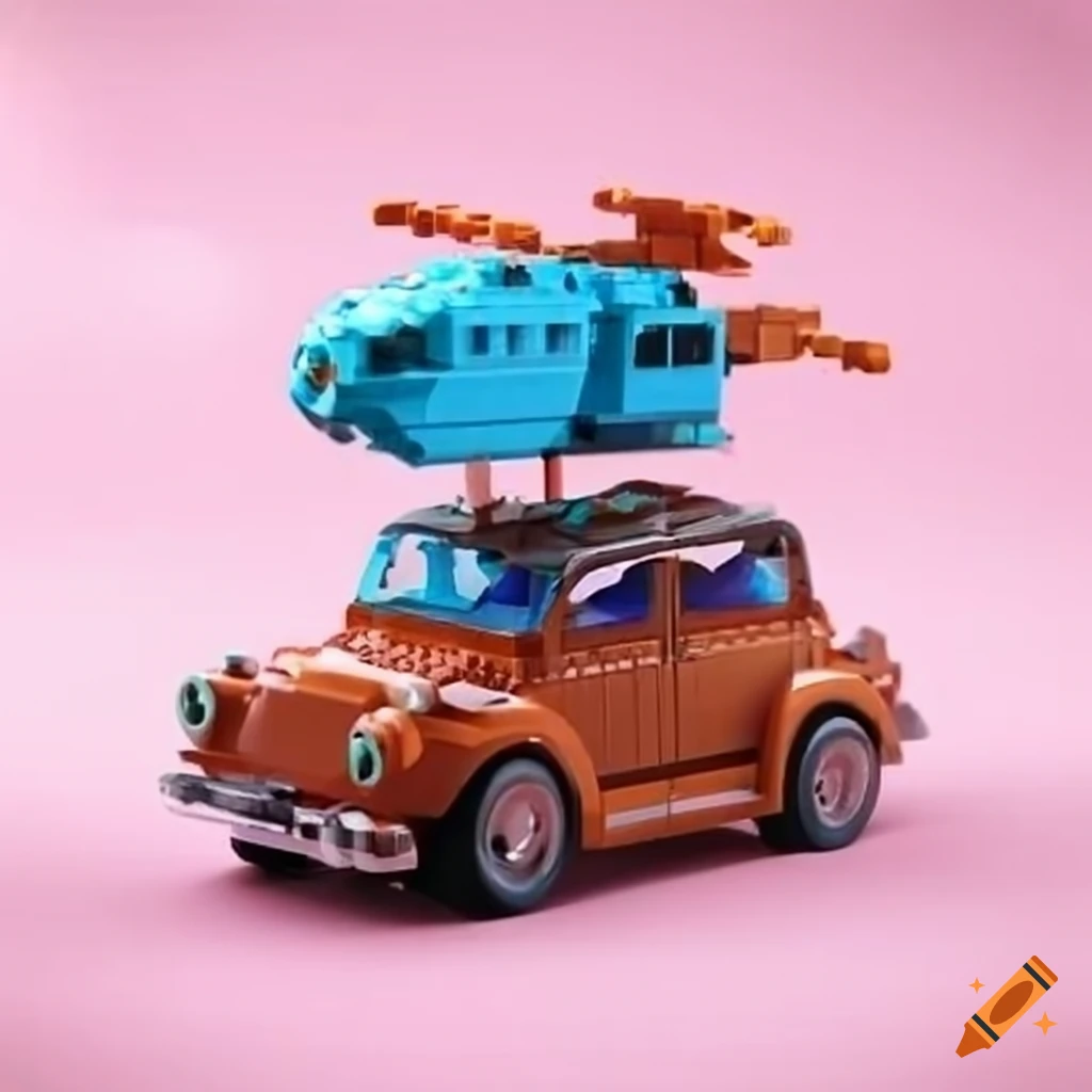 Surreal strange toys like cars, dolls, legos, luminous glass houses