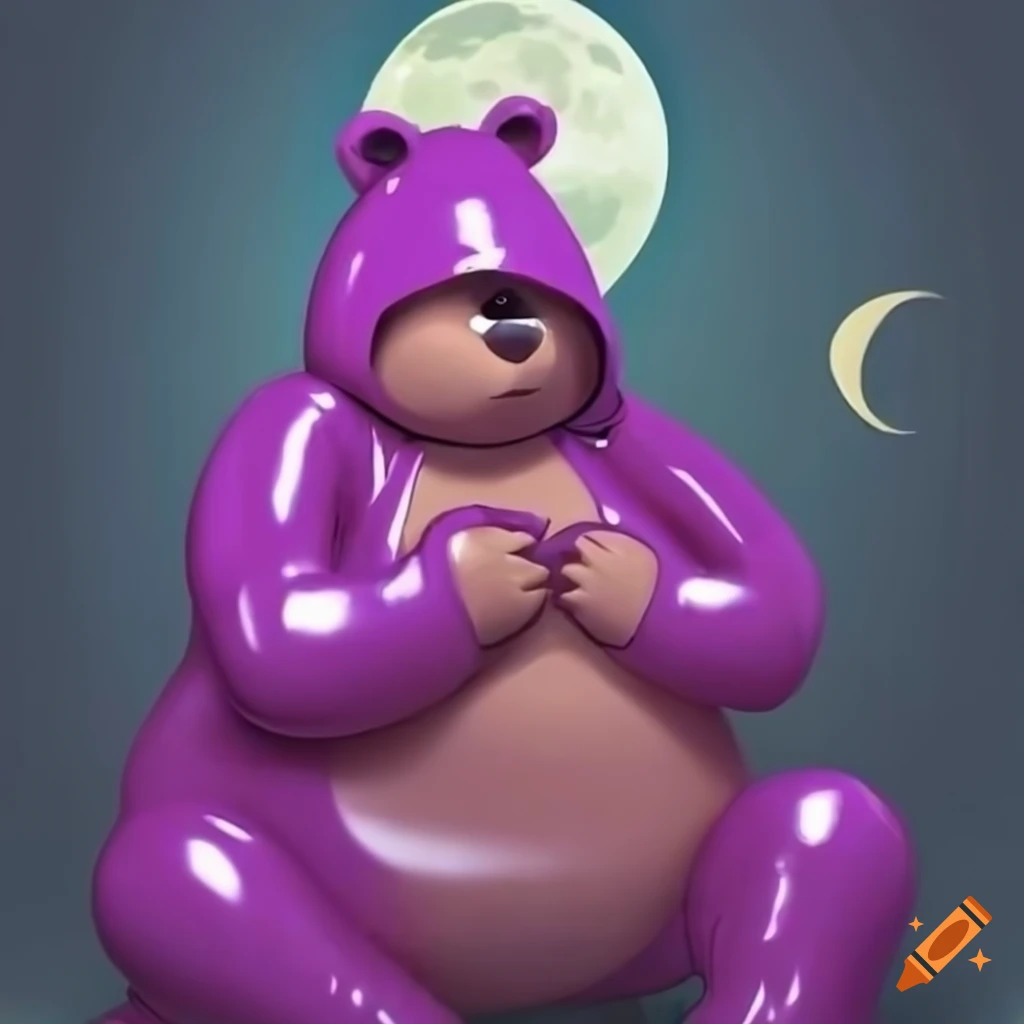 Cute overweight bear sitting under moonlight in the woods