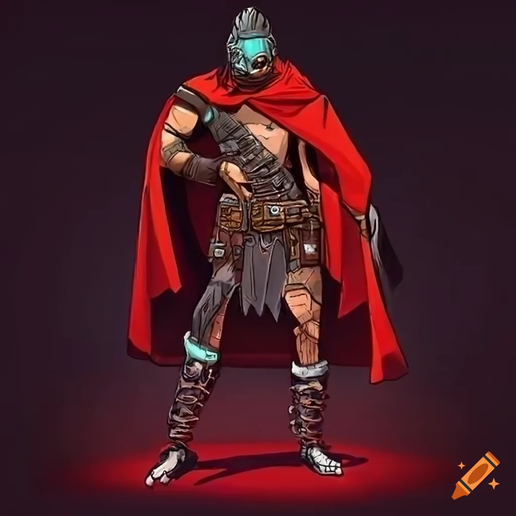 Cyberpunk gladiator with red cape in highly detailed cartoon art