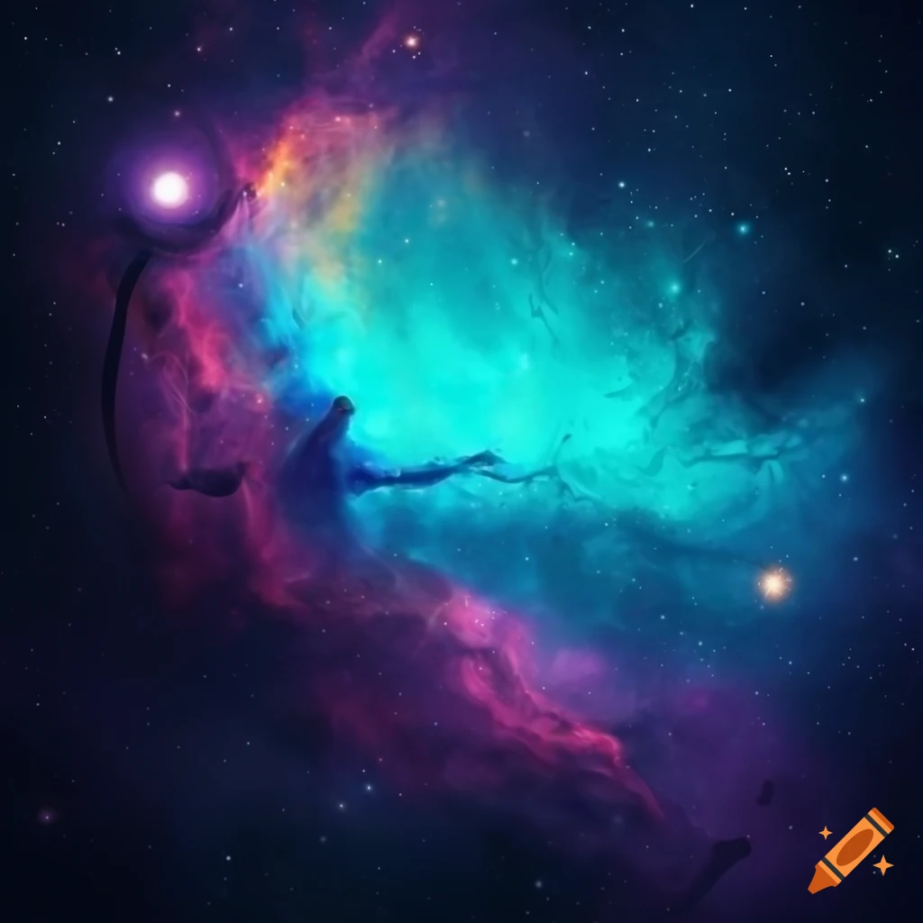 Techno party poster with future human merging with nebulae and galaxies in space