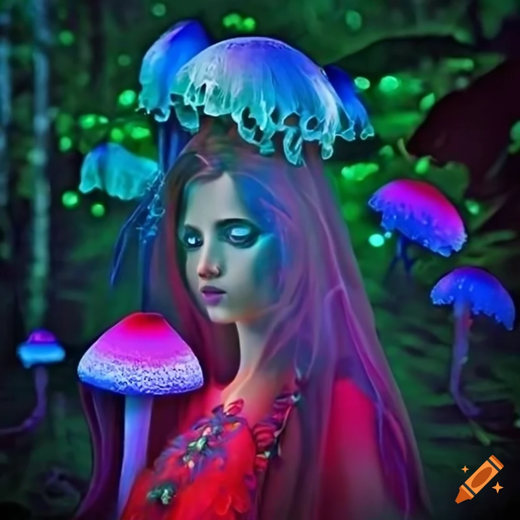 Vibrant fantasy forest with glowing fungus and neon rainforest on Craiyon