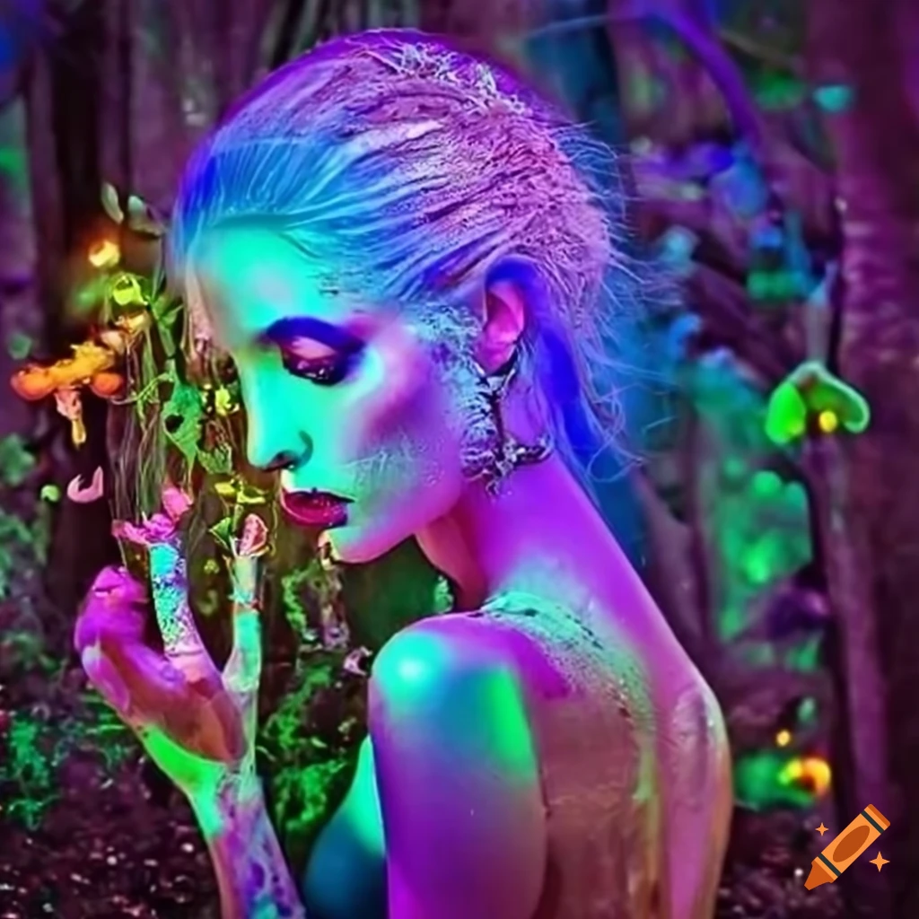 Fairy goddess in a neon rainforest with vibrant lights and animated ...