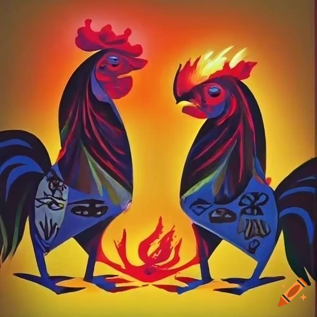 Two roosters with a flaming torch in the style of pablo picasso on Craiyon
