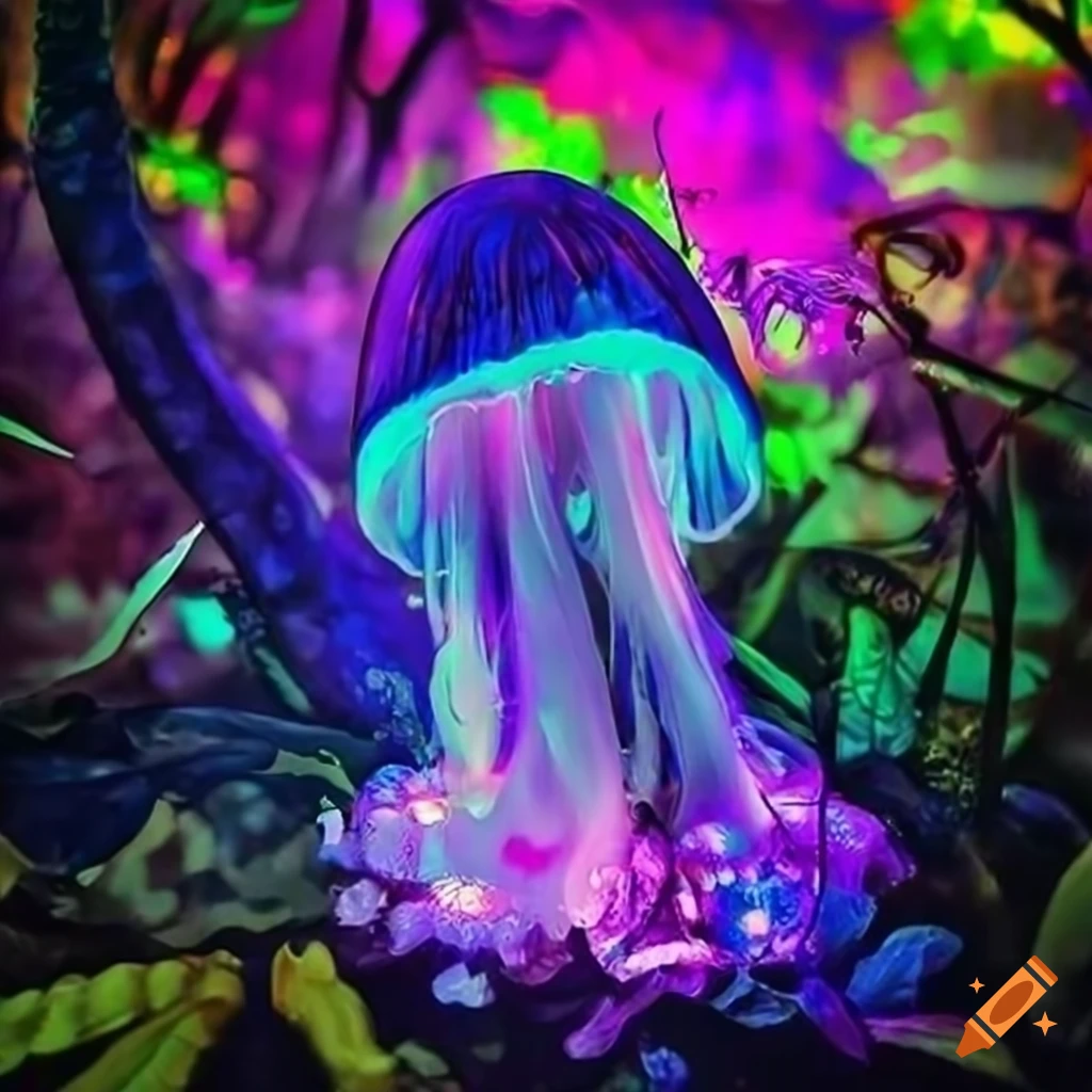 Vibrant fantasy forest with glowing fungus and neon rainforest on Craiyon