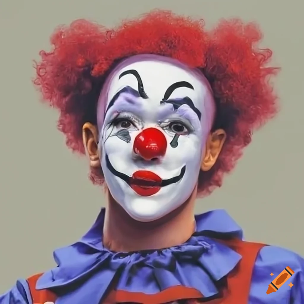 A mime clown performing a theatre character in colorful costume with a red nose