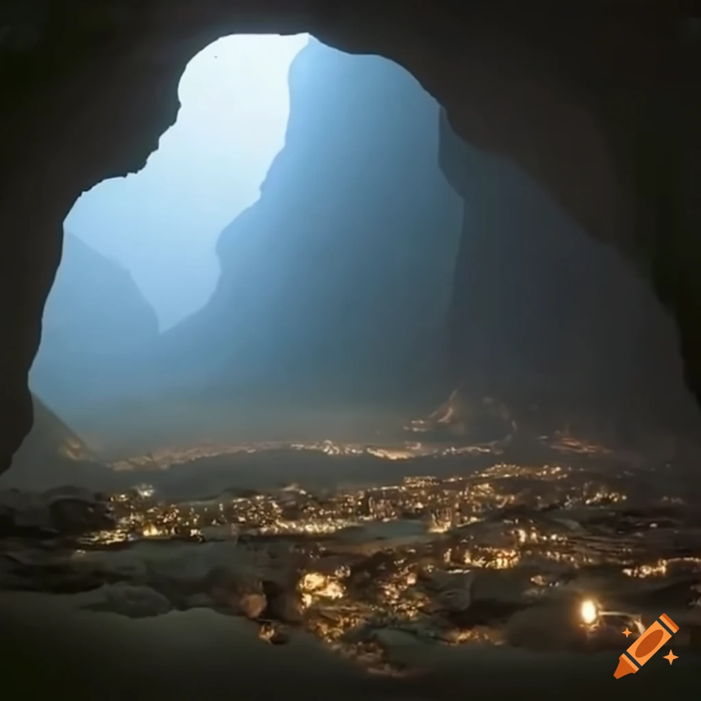 Huge cave with a small town seeing light for the first time on Craiyon