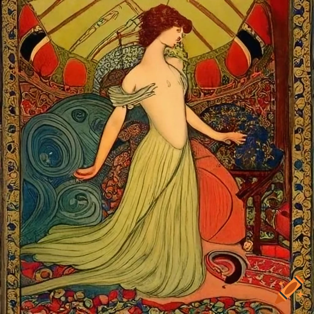 Artistic painting inspired by Eugène Grasset, Walter Crane, Edmund Dulac, and Diego Rivera depicting a scene from "The Arabian Nights" with Islamic Calligraphy