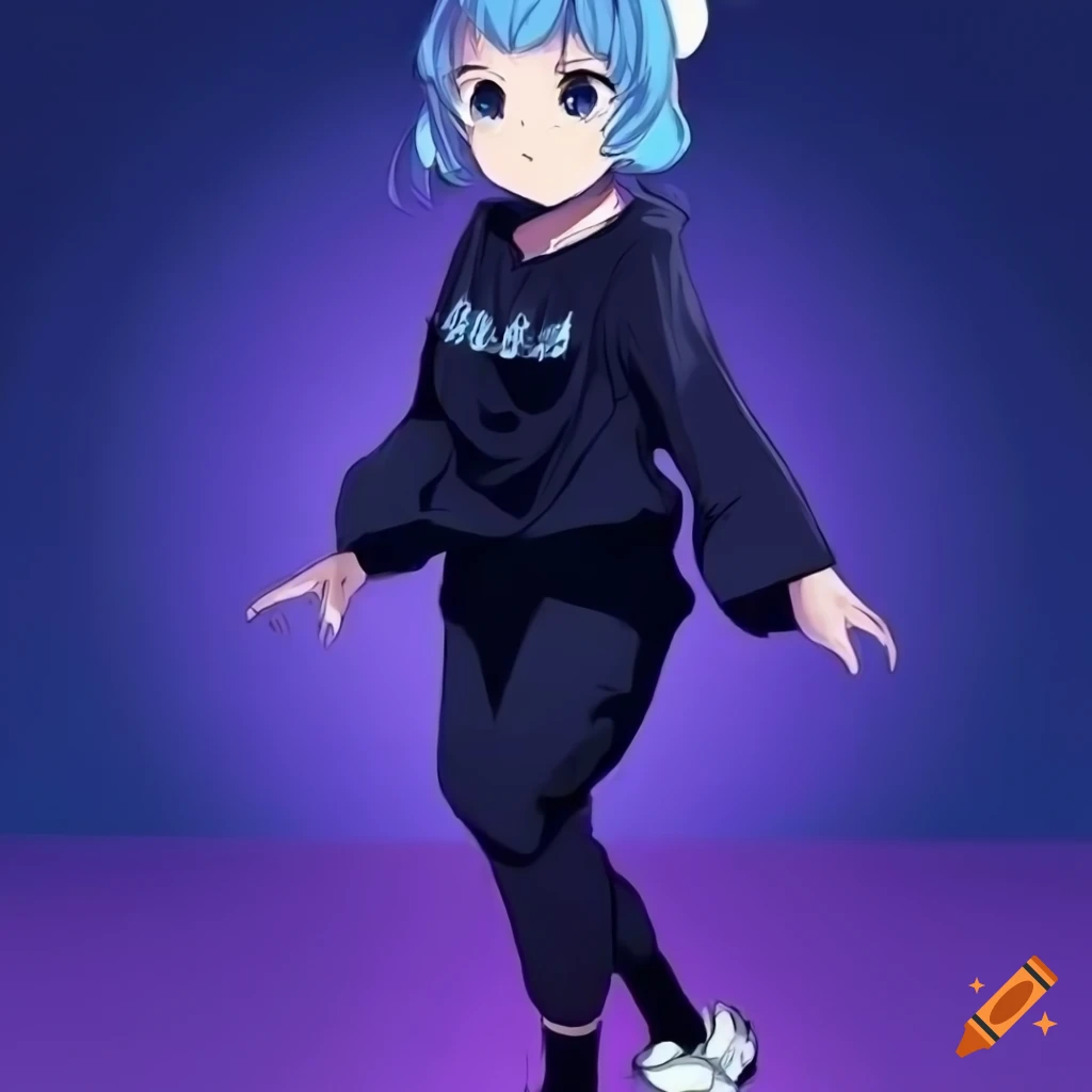 Anime lofi girl with dark blue hair waving and smiling in casual outfit