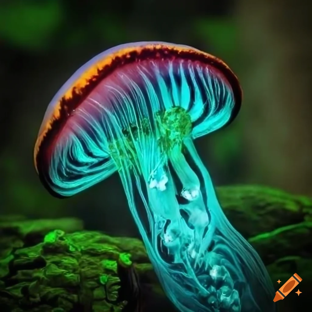 Vibrant fantasy forest with glowing fungus and neon rainforest on Craiyon