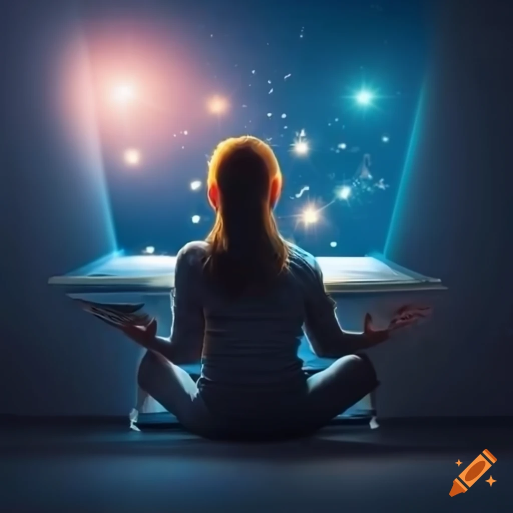 Person reading a book with lights simulating space travel