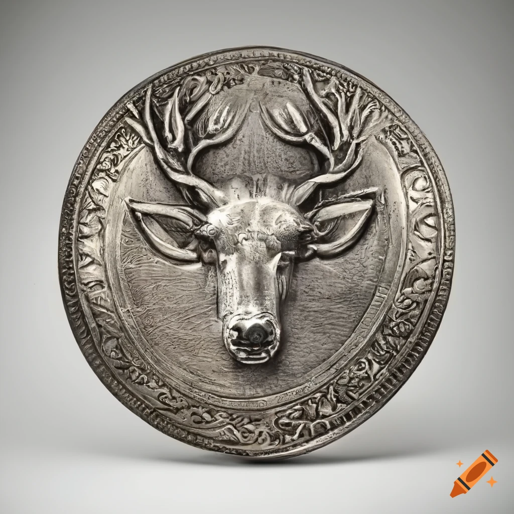 Greek-style silver shield with stag head engraving and inscriptions