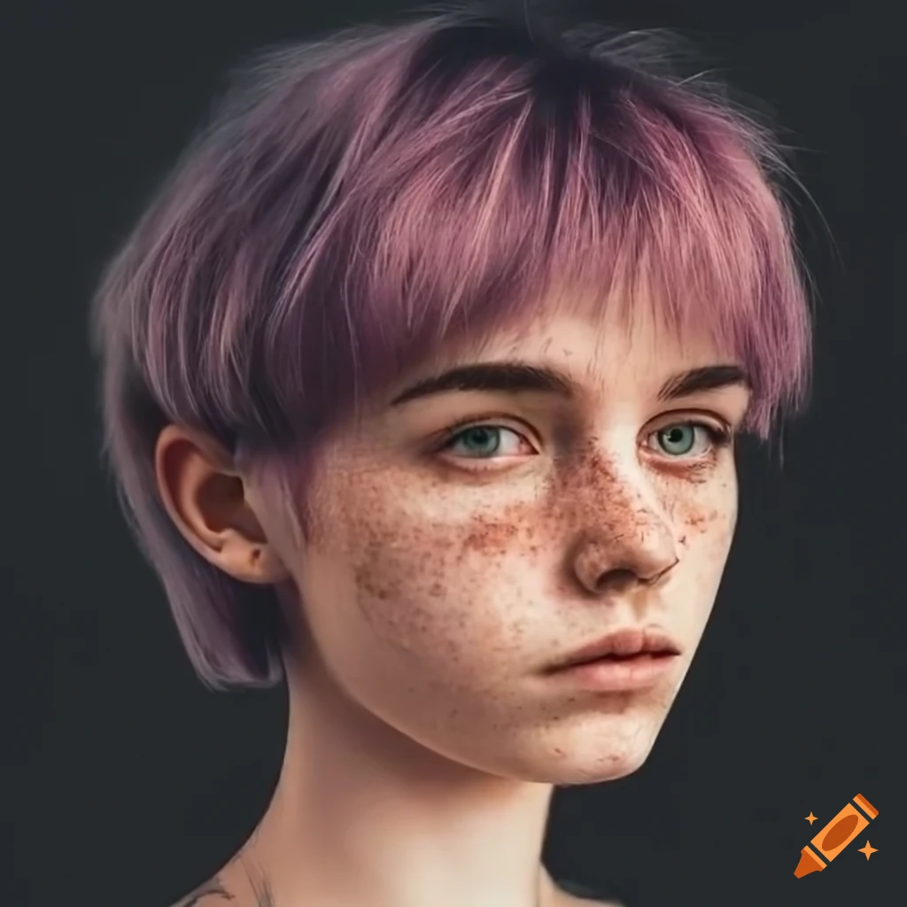 Portrait of non binary person with freckles, brown eyes, and short ...