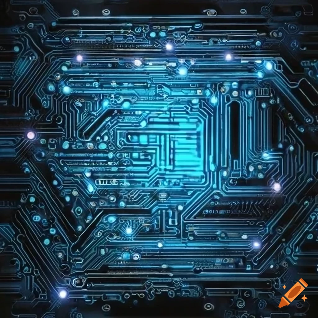 Sleek circuit board forming the shape of a brain with vibrant colors on ...