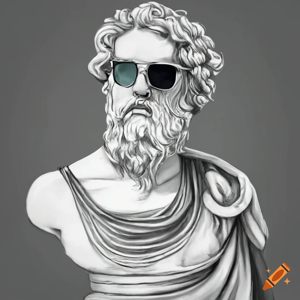 Greek god marble sculpture with sunglasses and a bucket on Craiyon