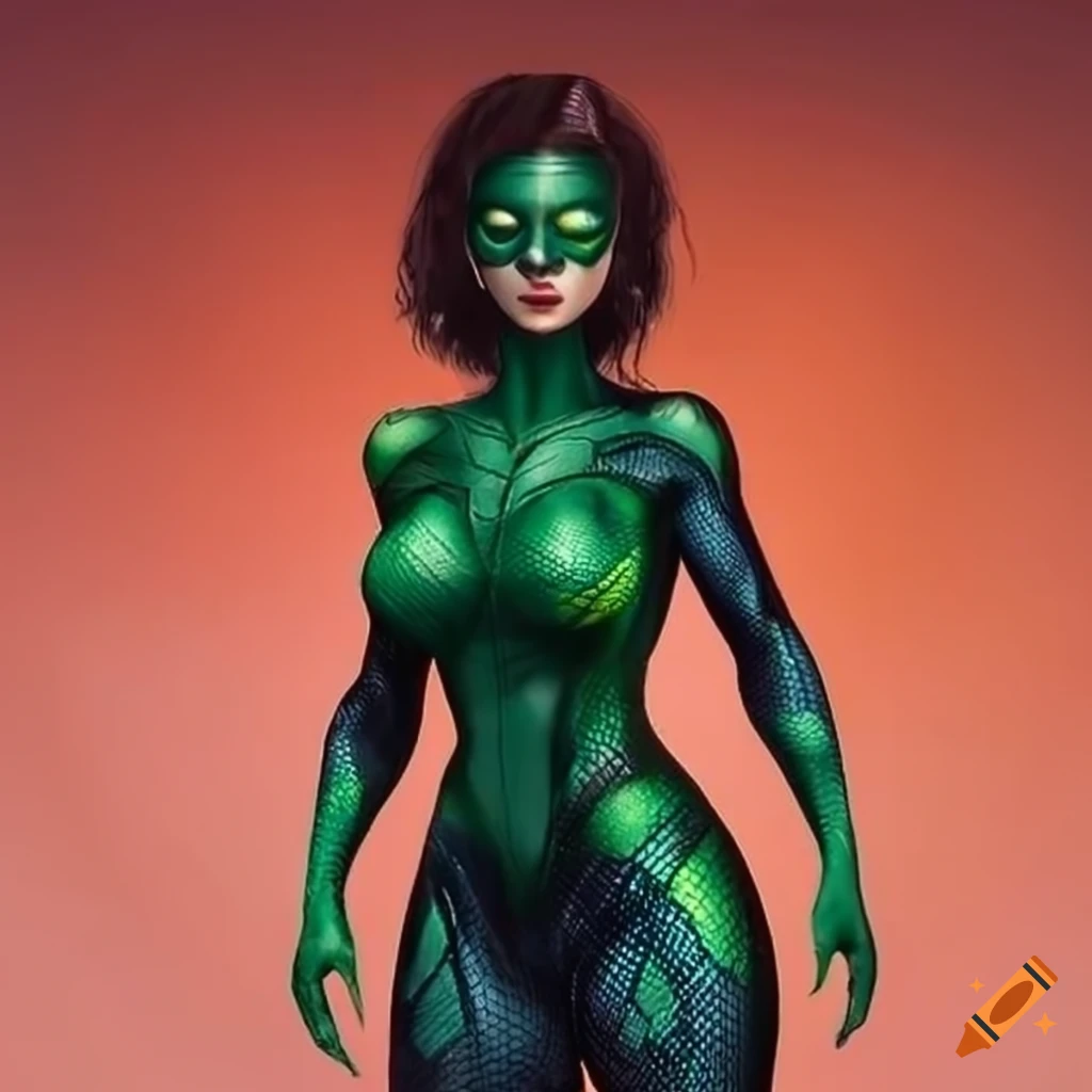 Female superhero with lizard tail and scaly bodysuit