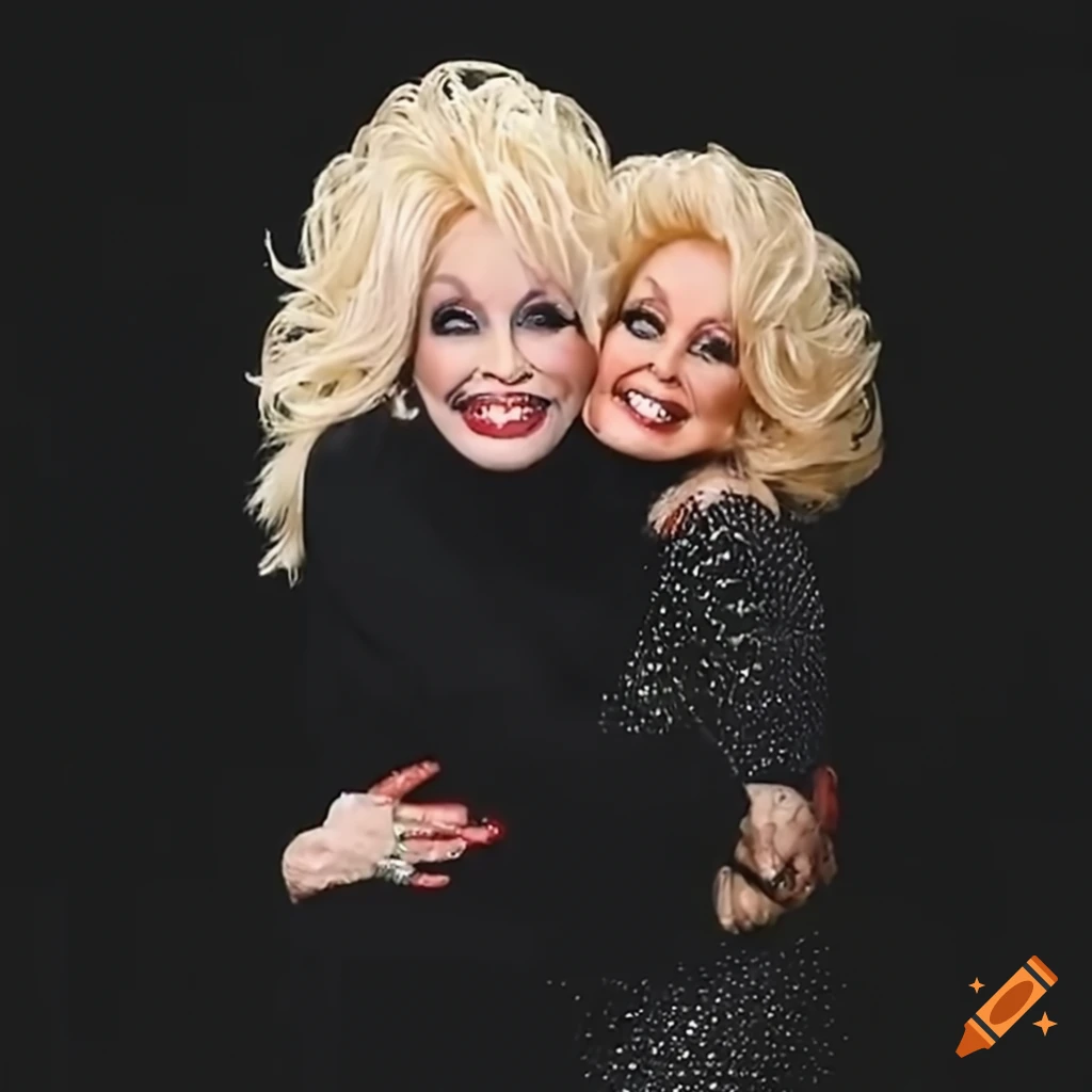 Dolly Parton and Dolly Parton hugging in connected black turtleneck sweater and black skirt