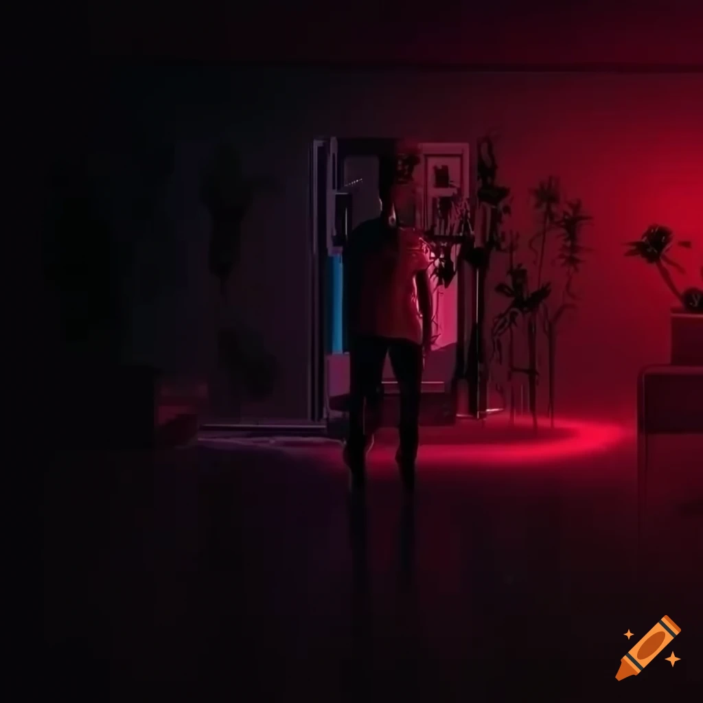 Silhouette of a man in a futuristic music studio with plants and colorful artwork