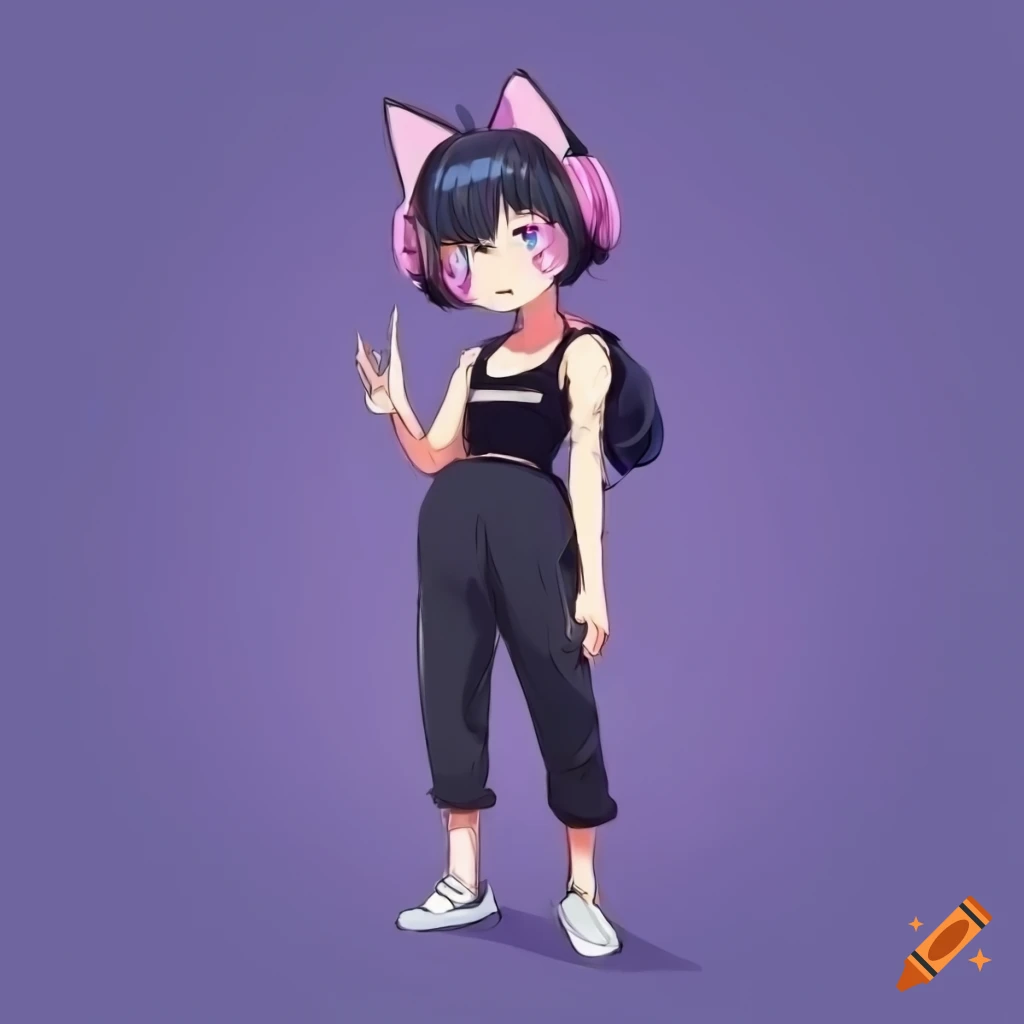 Anime lofi girl with dark blue hair, cat ear headphones, and sweatpants waving and smiling