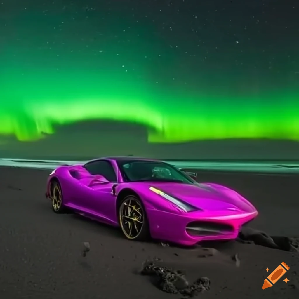 Purple Ferrari on black sand beach under the aurora borealis in Iceland