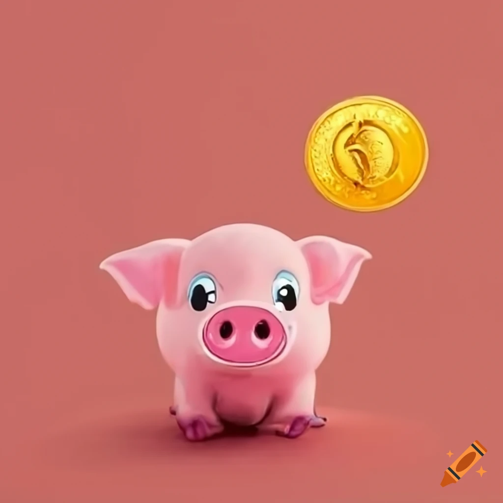 Cute little pink pig with a gold coin